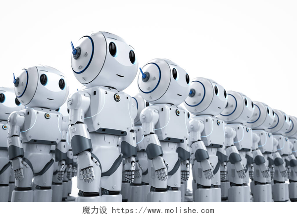 3D渲染组可爱的人工智能机器人3D渲染组可爱的人工智能机器人或卡通人物机器人军队 